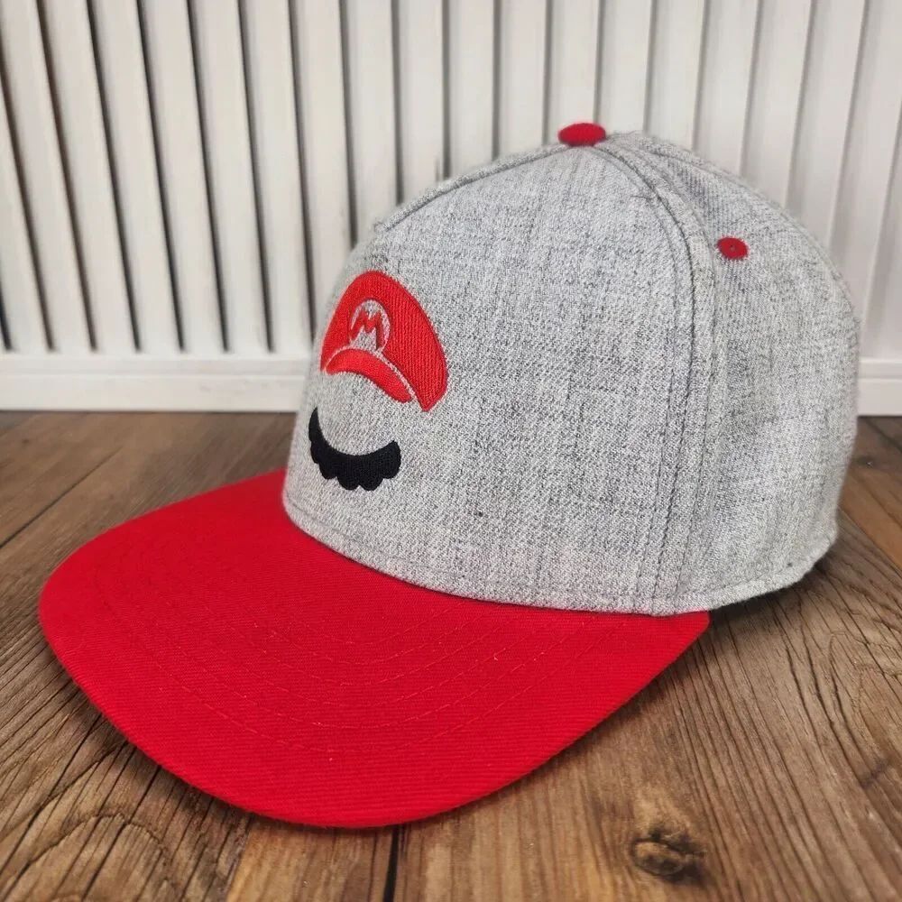 Nintendo Super Mario Mustache Snapback Baseball Hat Cap Gray Red Video Games